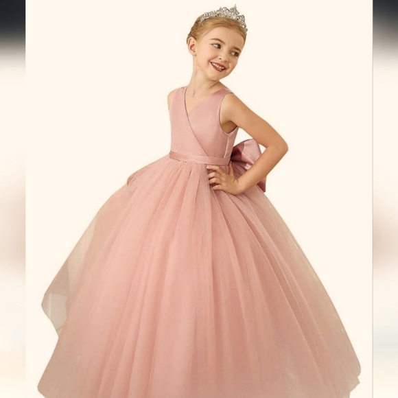 Tiered Tulle V-neck Long Flower Girl Ball Gown Dusty Rose